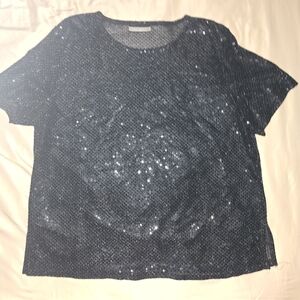 Notations Sparkling Black Sheer Sequin Top, Size Large